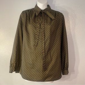 Vintage 1970’s Brown Orange Cream Patterned Button up with Tie Neck Blouse